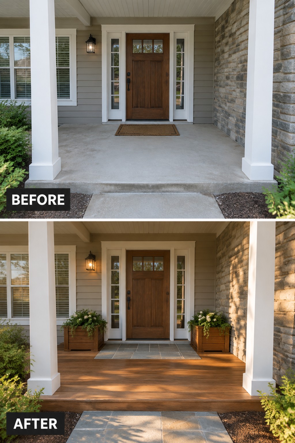 Before and after porch renovation from concrete to wooden deck with planters