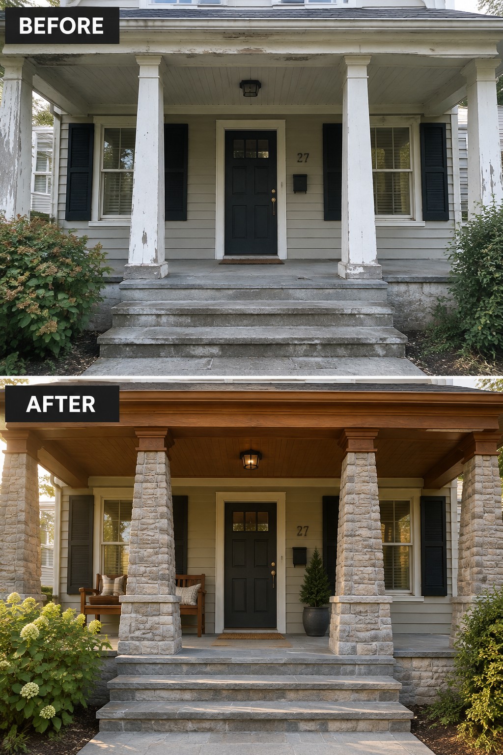 Before and after house porch renovation with stone pillars replacing white columns