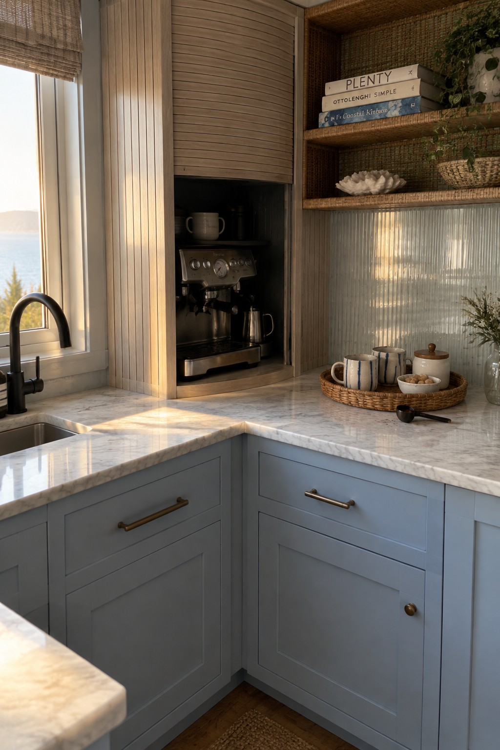 A corner kitchen counter with blue-gray cabinets, a built-in espresso machine, and open shelves.