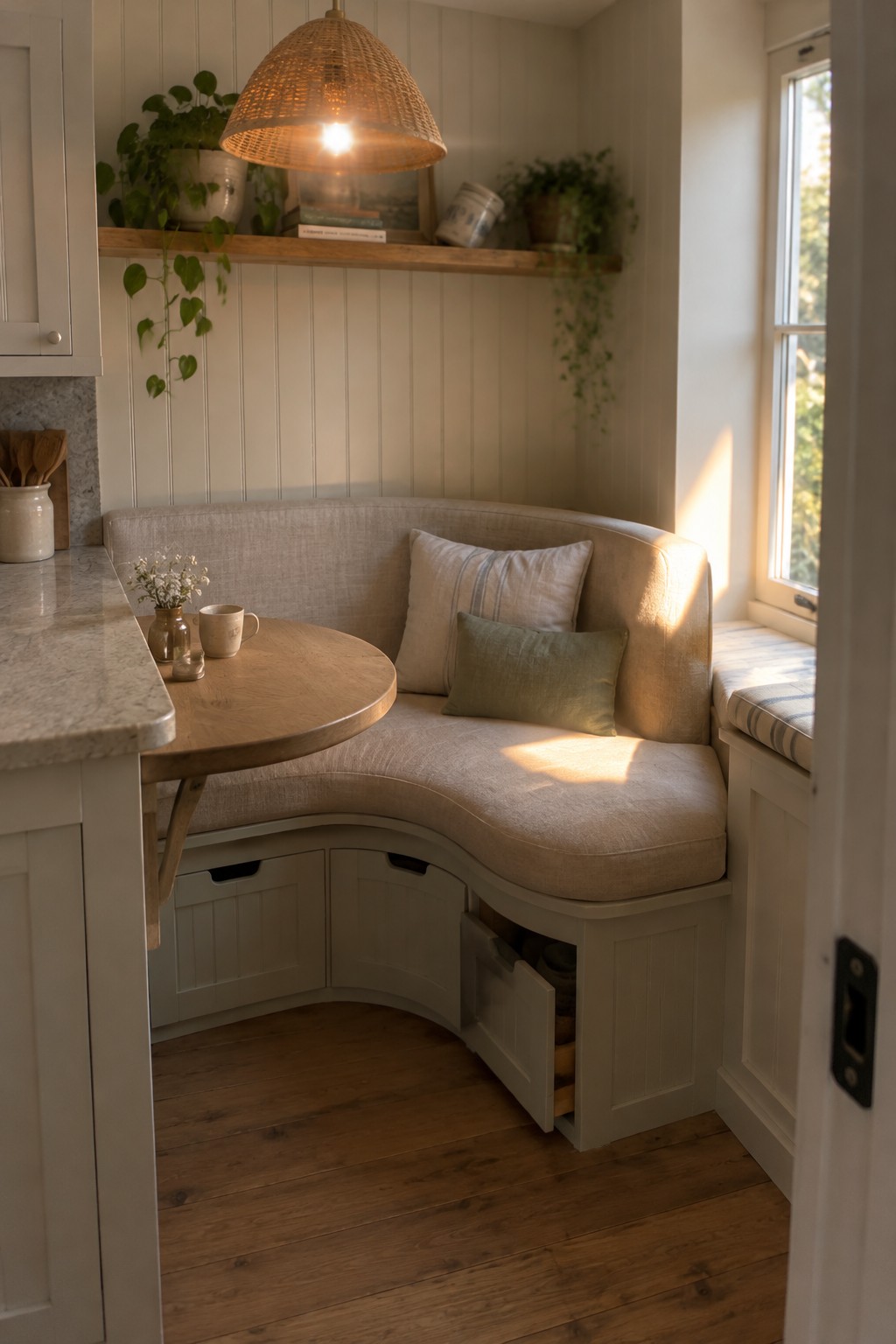 A curved beige built-in kitchen banquette with storage compartments beneath the seat and a small round wooden table.