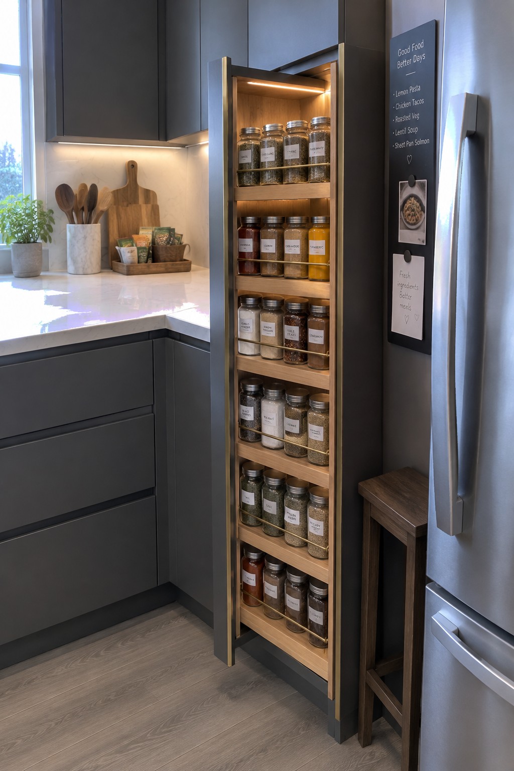 A narrow pull-out pantry with several shelves of labeled jars stands beside dark kitchen cabinets and a refrigerator.