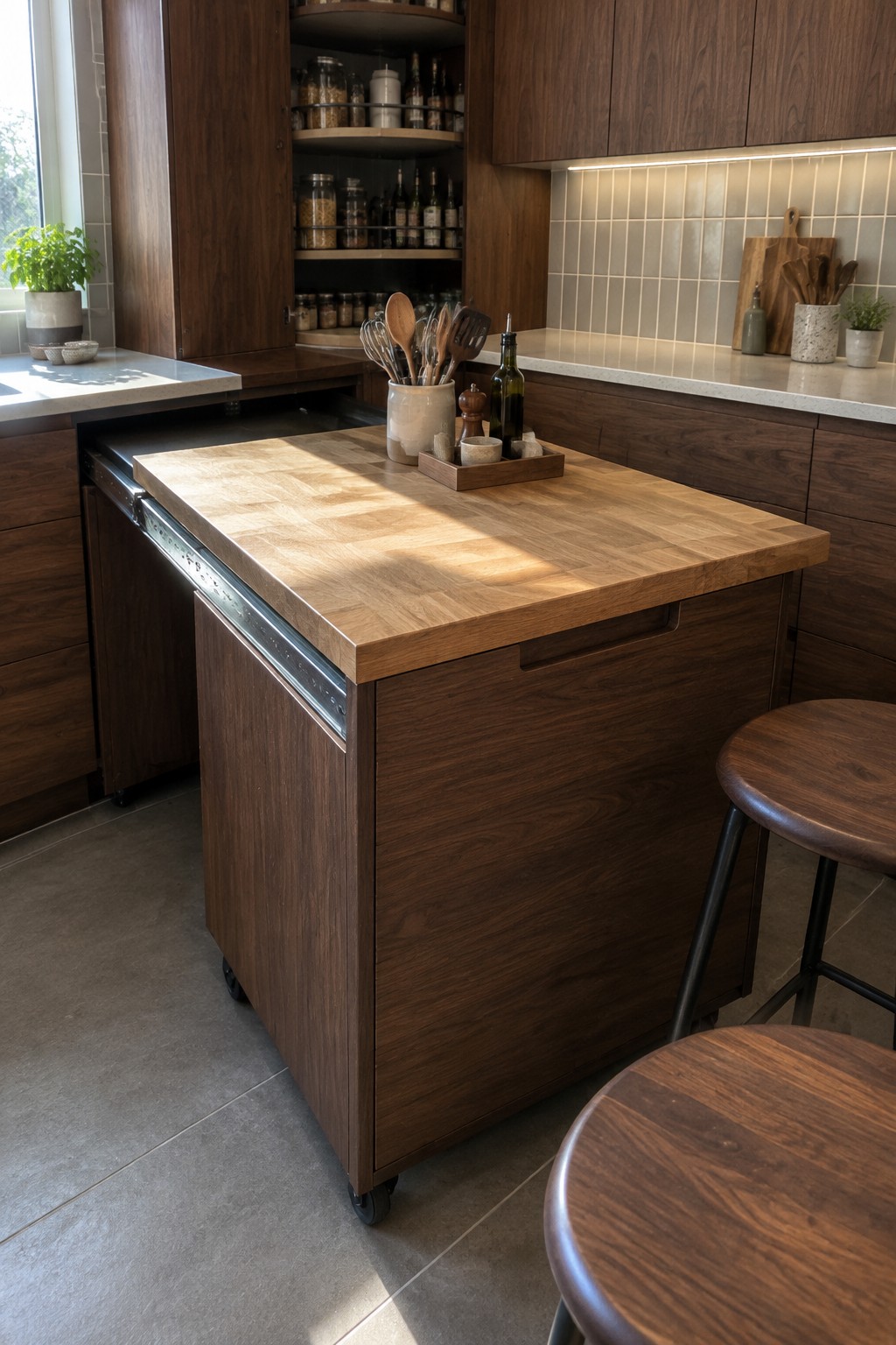 A dark wood kitchen island on caster wheels has a butcher-block top and sits in front of wood cabinets.