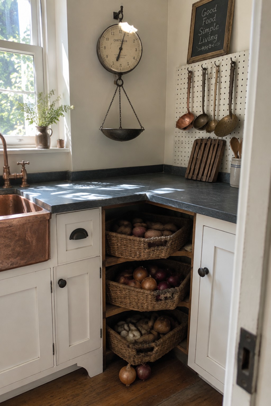 Three wicker baskets holding potatoes, onions, and garlic sit on open corner shelves beneath a kitchen counter.