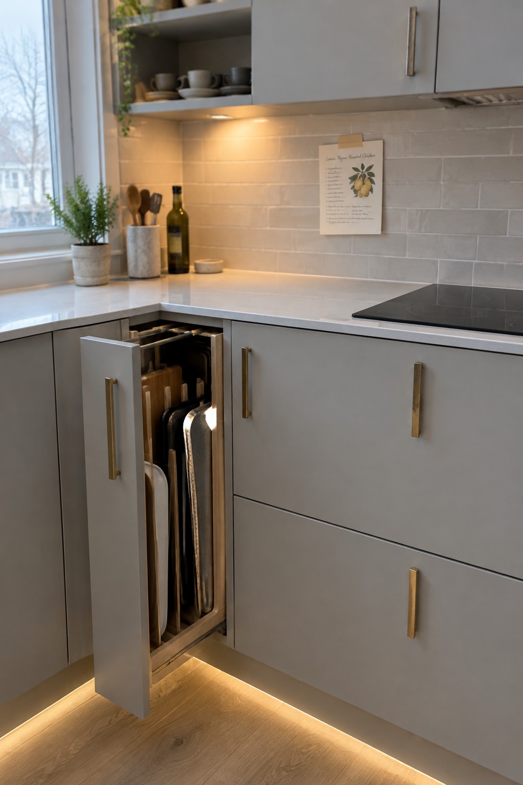 An open narrow corner cabinet holds baking sheets and cutting boards upright beside a kitchen counter.