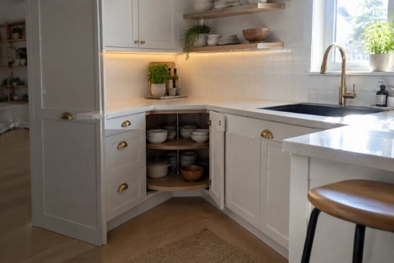 Open corner kitchen cabinet with two curved wooden shelves holding cookware and bowls.