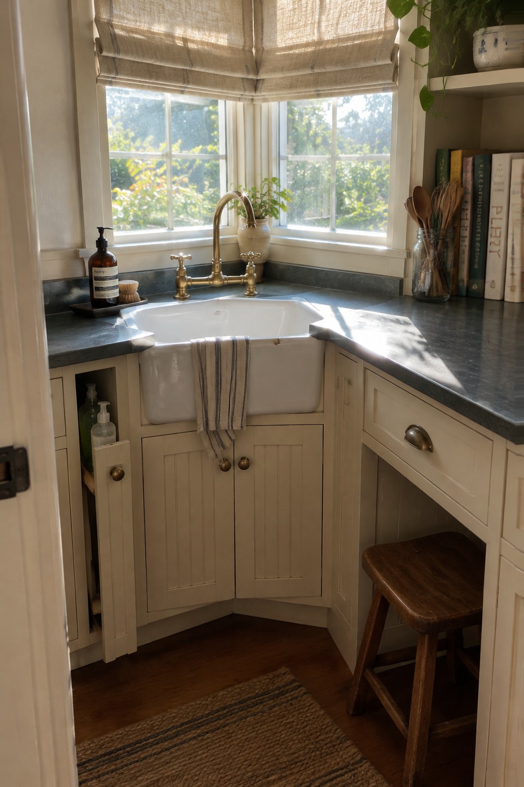 A white farmhouse sink is set into a dark countertop at the corner of a kitchen, with cream cabinets below.