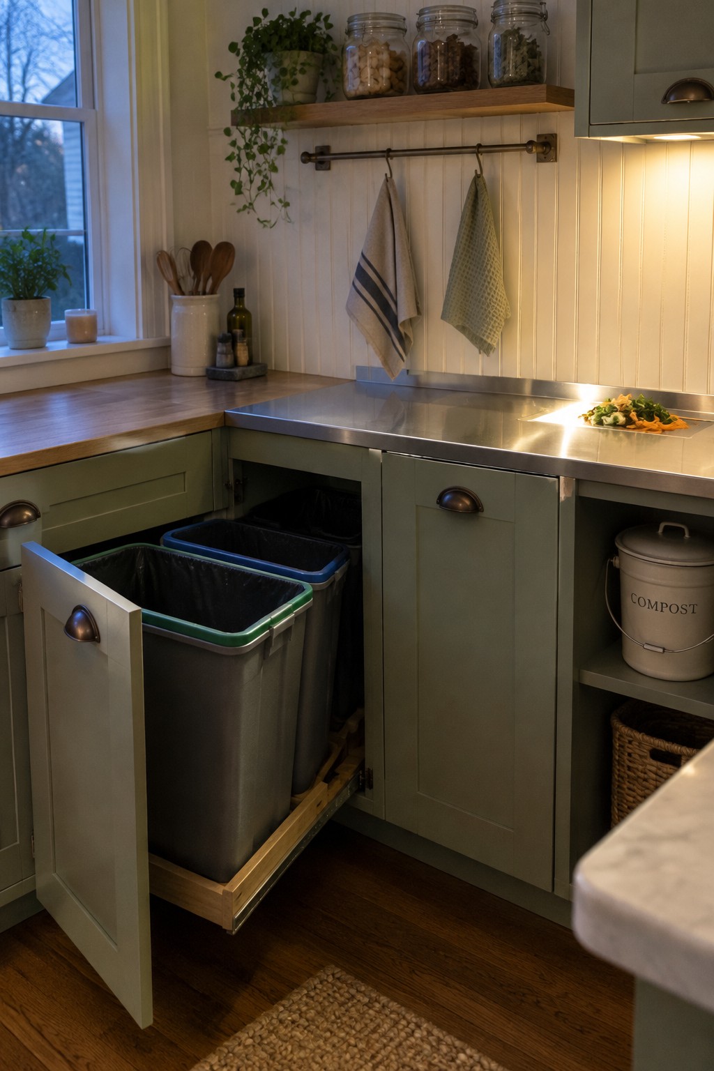 An open sage-green corner cabinet holds two large recycling bins on a pull-out wooden base.