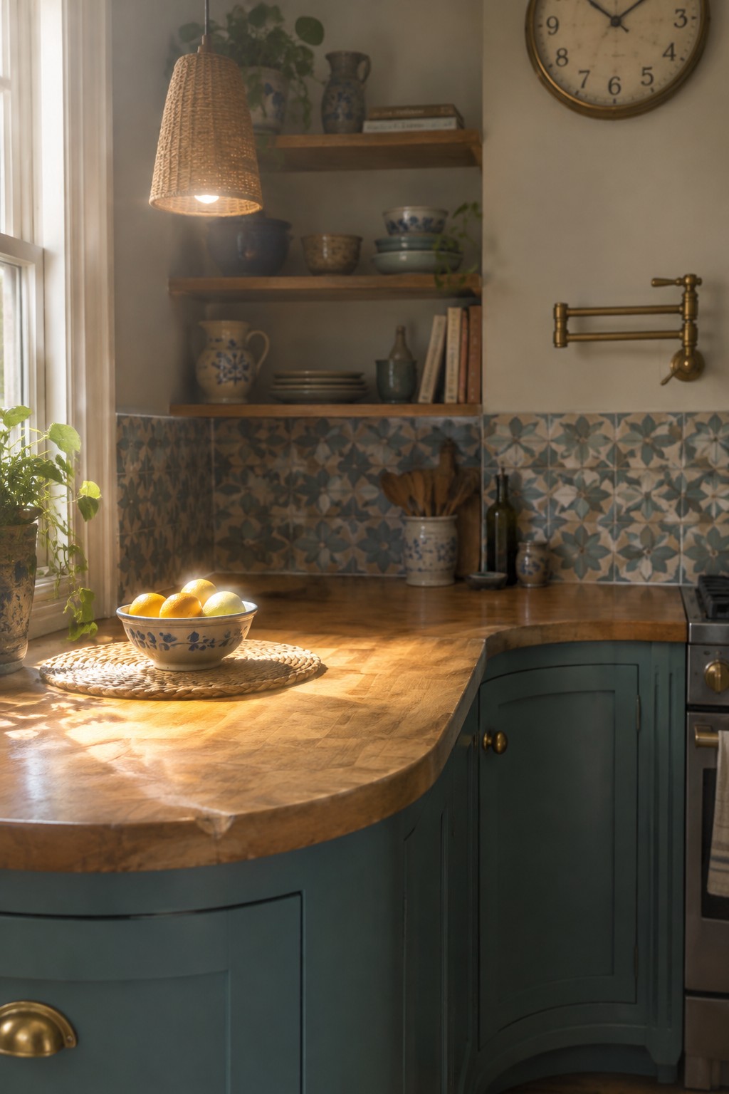 A rounded wooden countertop curves around teal kitchen cabinets beneath patterned tile and open shelves.