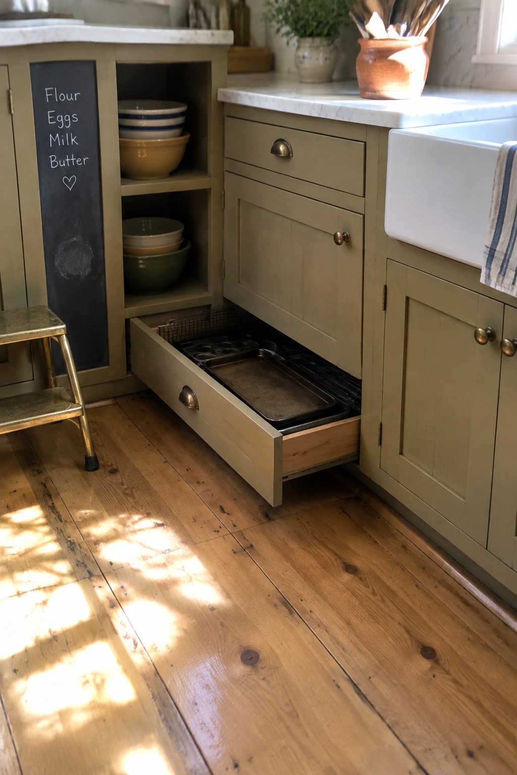 An open deep drawer beneath a kitchen counter holds baking sheets and pans.