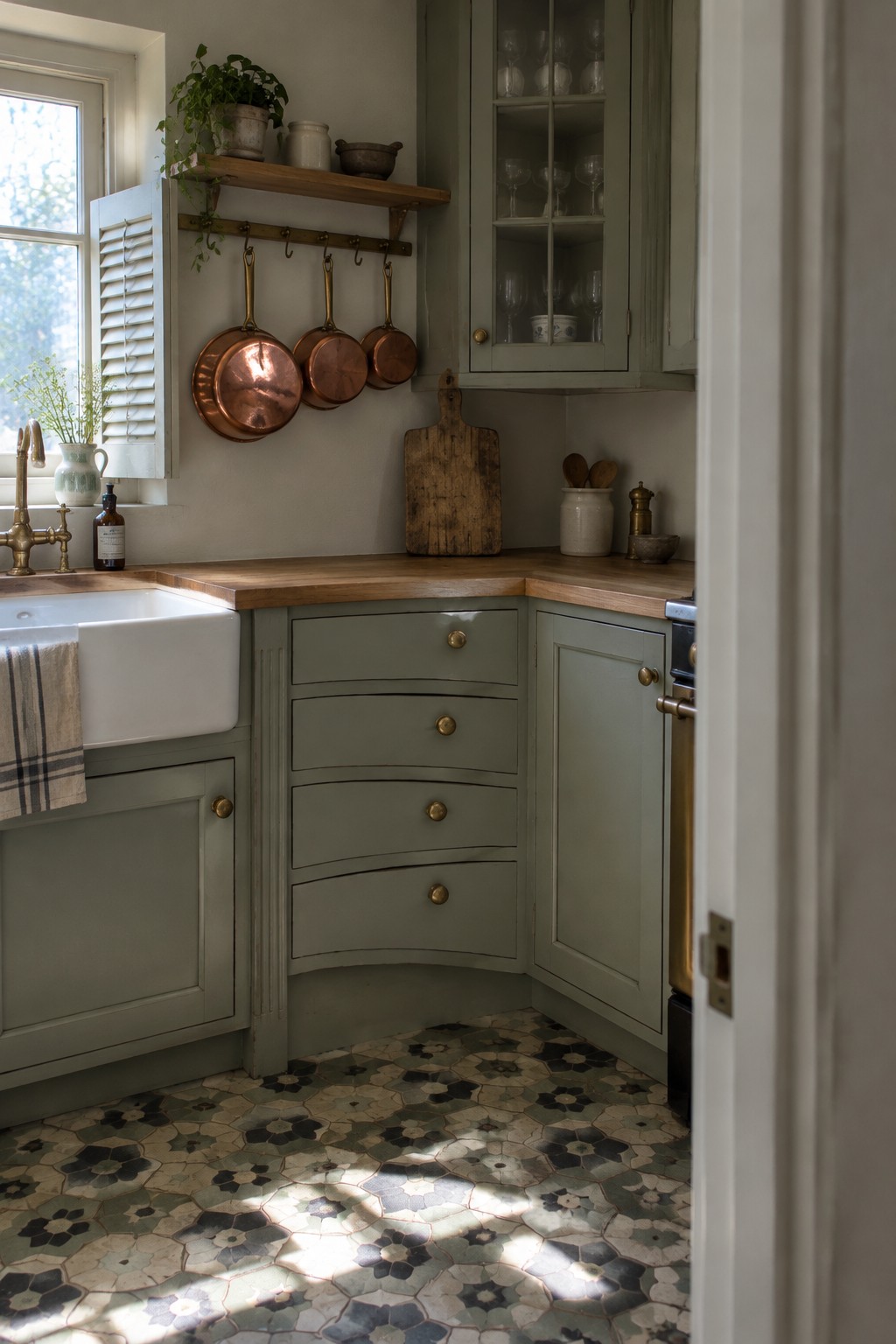 Sage-green curved drawers wrap around a kitchen corner beneath a wooden countertop.