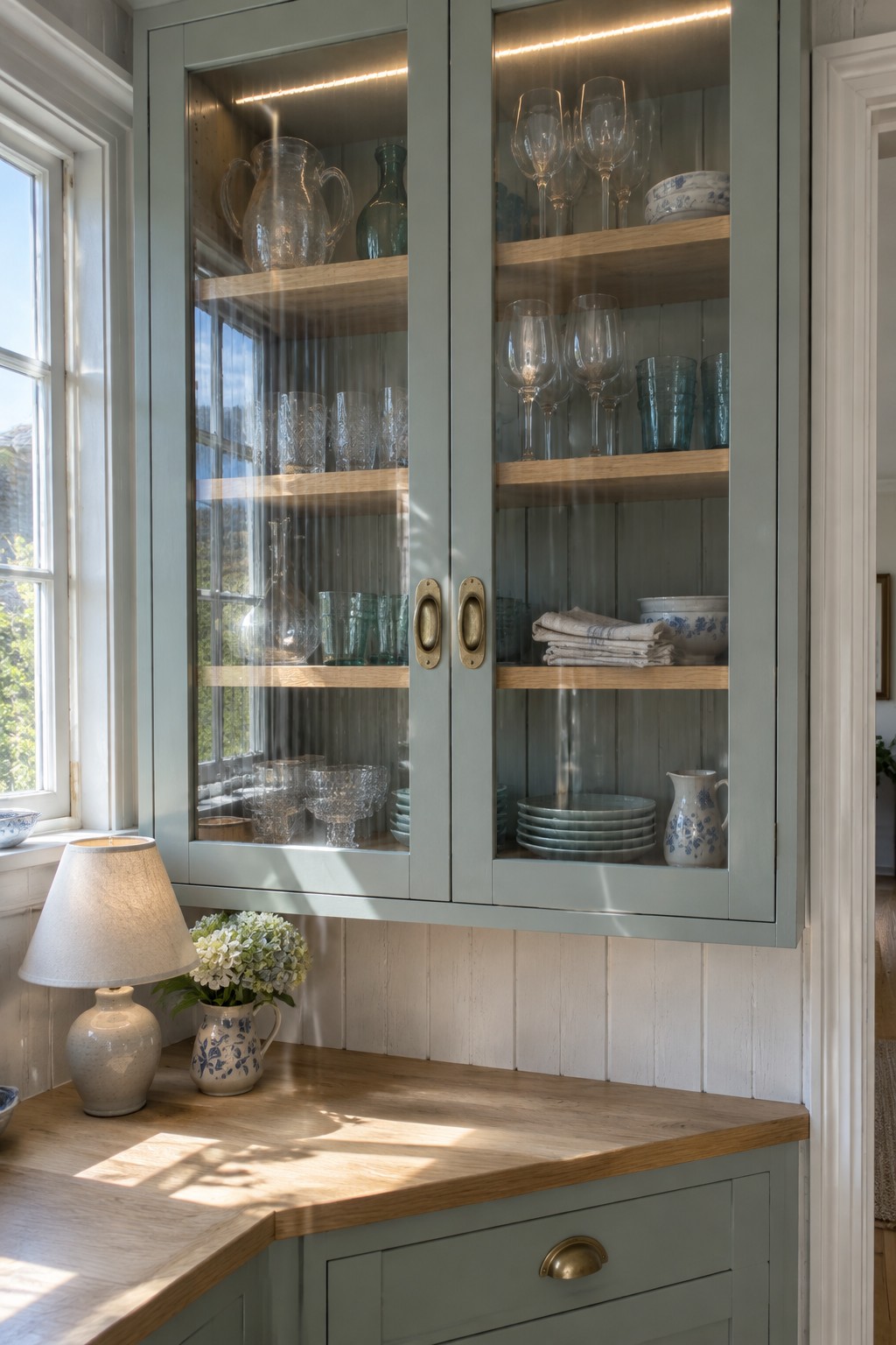 A muted green glass-front cabinet holds glassware, plates, folded towels, and serving pieces above a wooden kitchen counter.
