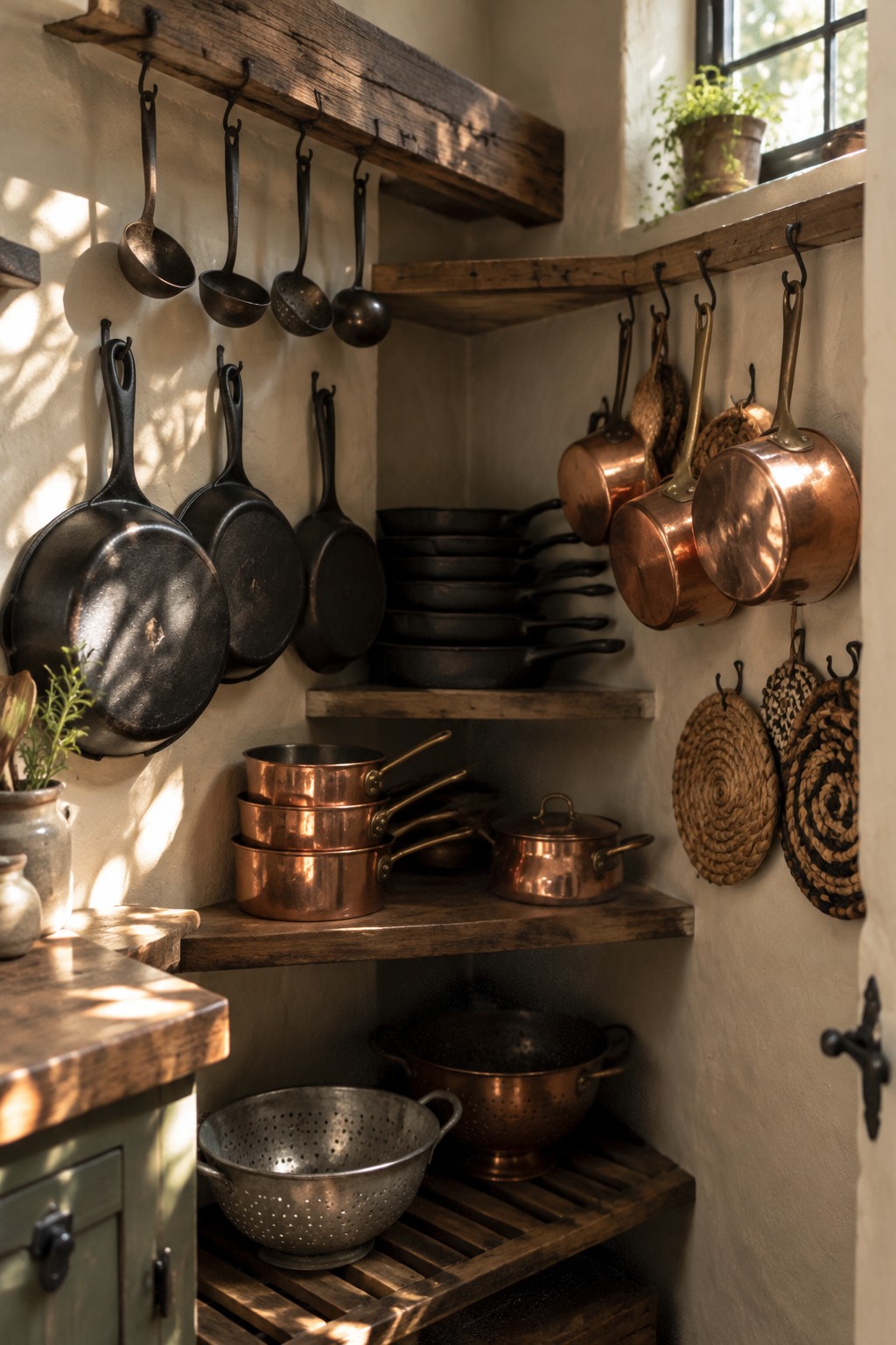 Wooden corner shelves and hooks hold stacked pans, hanging skillets, copper pots, and woven trivets in a kitchen.