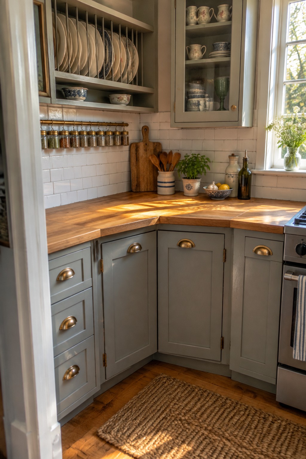 A small kitchen corner with gray cabinets, open shelves holding upright plates, and a wooden countertop.