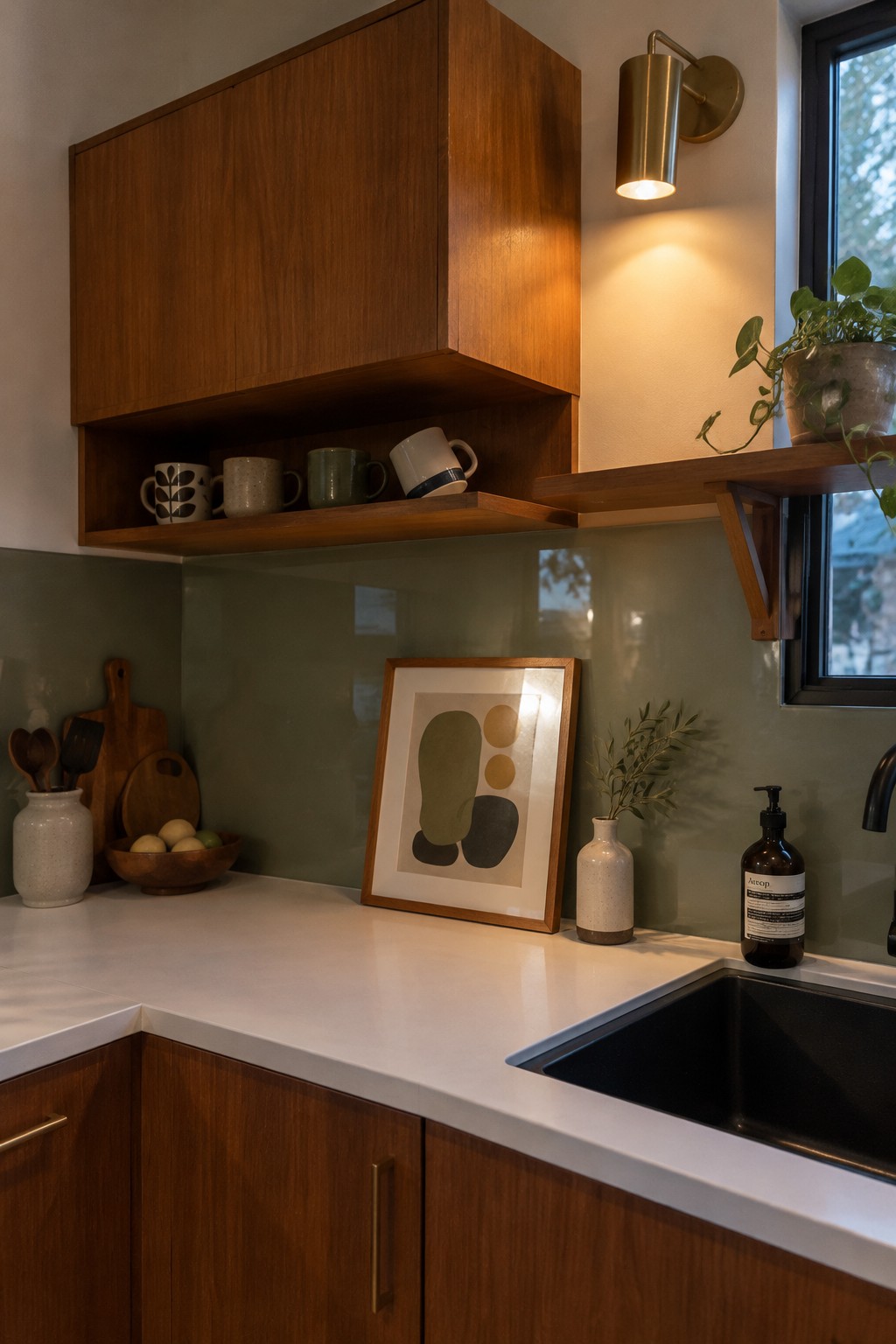 Dark wood upper cabinets wrap around a kitchen corner, with mugs on an open shelf below.