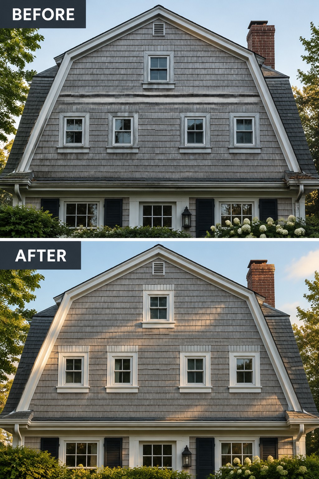 Before and after of a cleaned gray shingled house with bright white trim