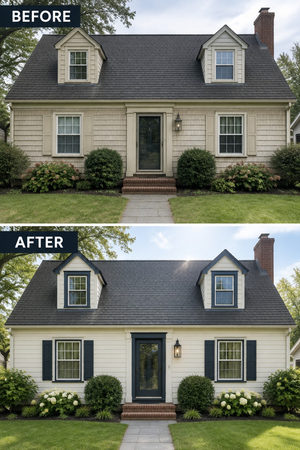 Before and after views of house with updated white siding, navy trim, and landscaping.