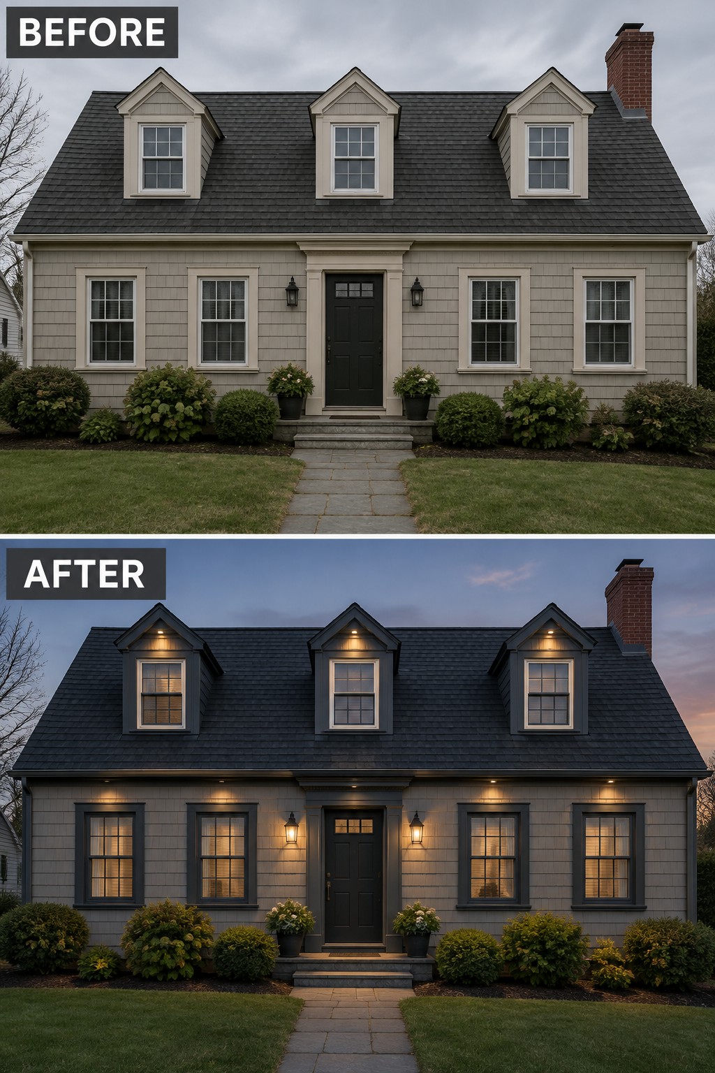 Before-and-after image of a Cape Cod house exterior with light window trim updated to dark trim, added shutters, and new exterior lighting.