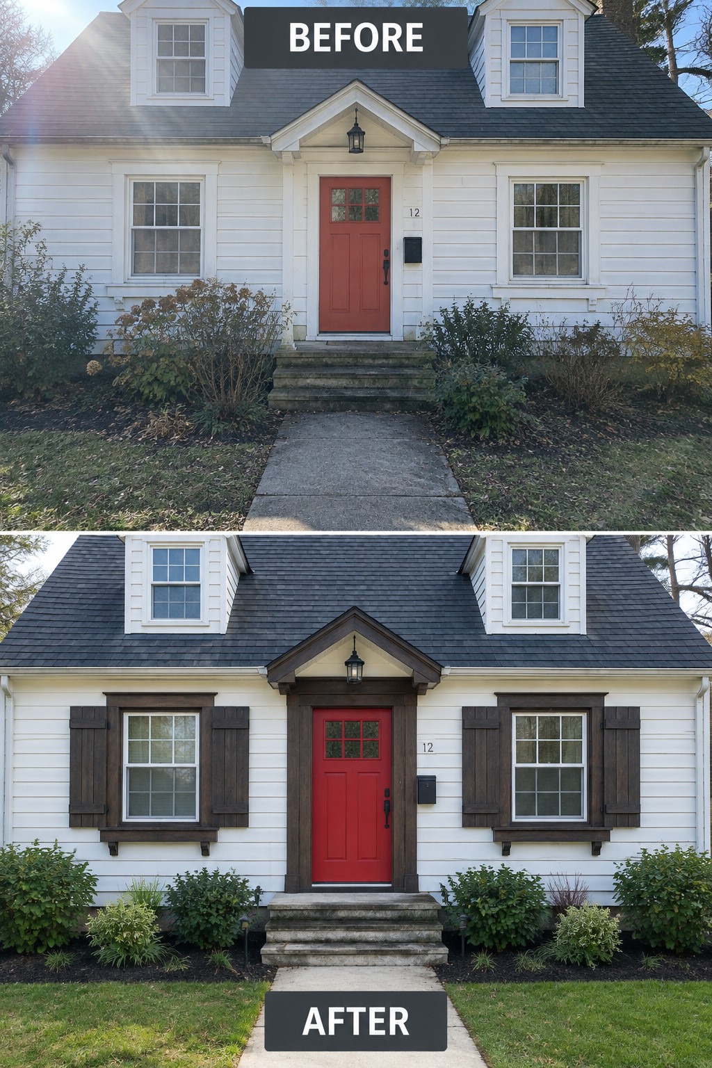Before and after of white house with red door, dark shutters and trim added.
