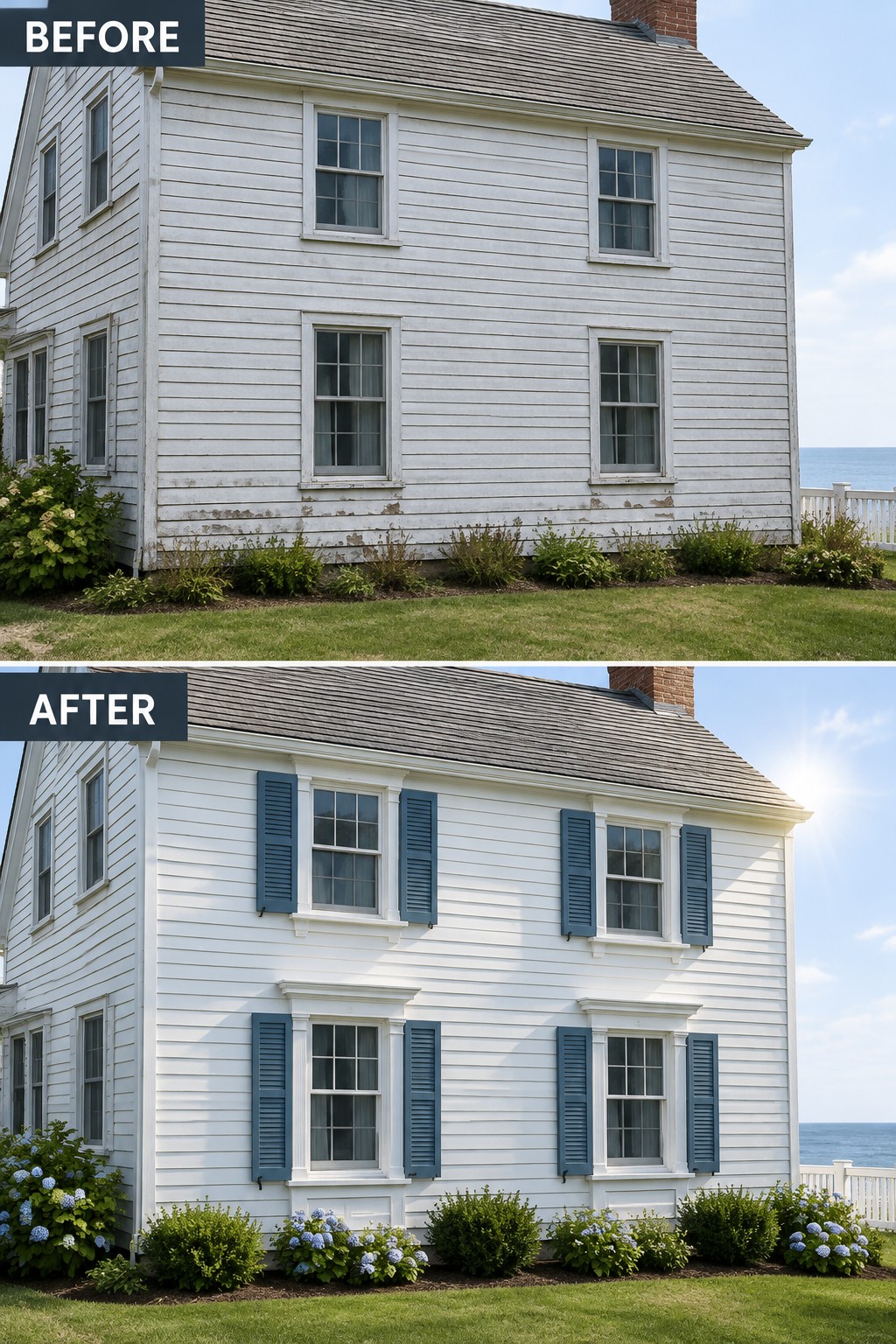 Before and after of white house with new blue shutters and garden flowers.