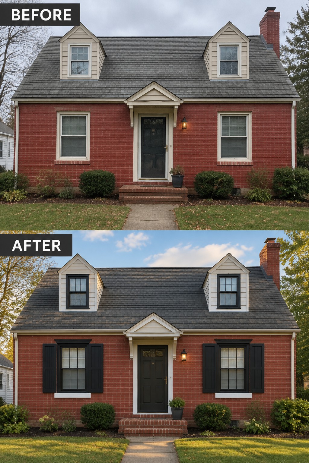 Before and after of red brick house with black shutters added to windows