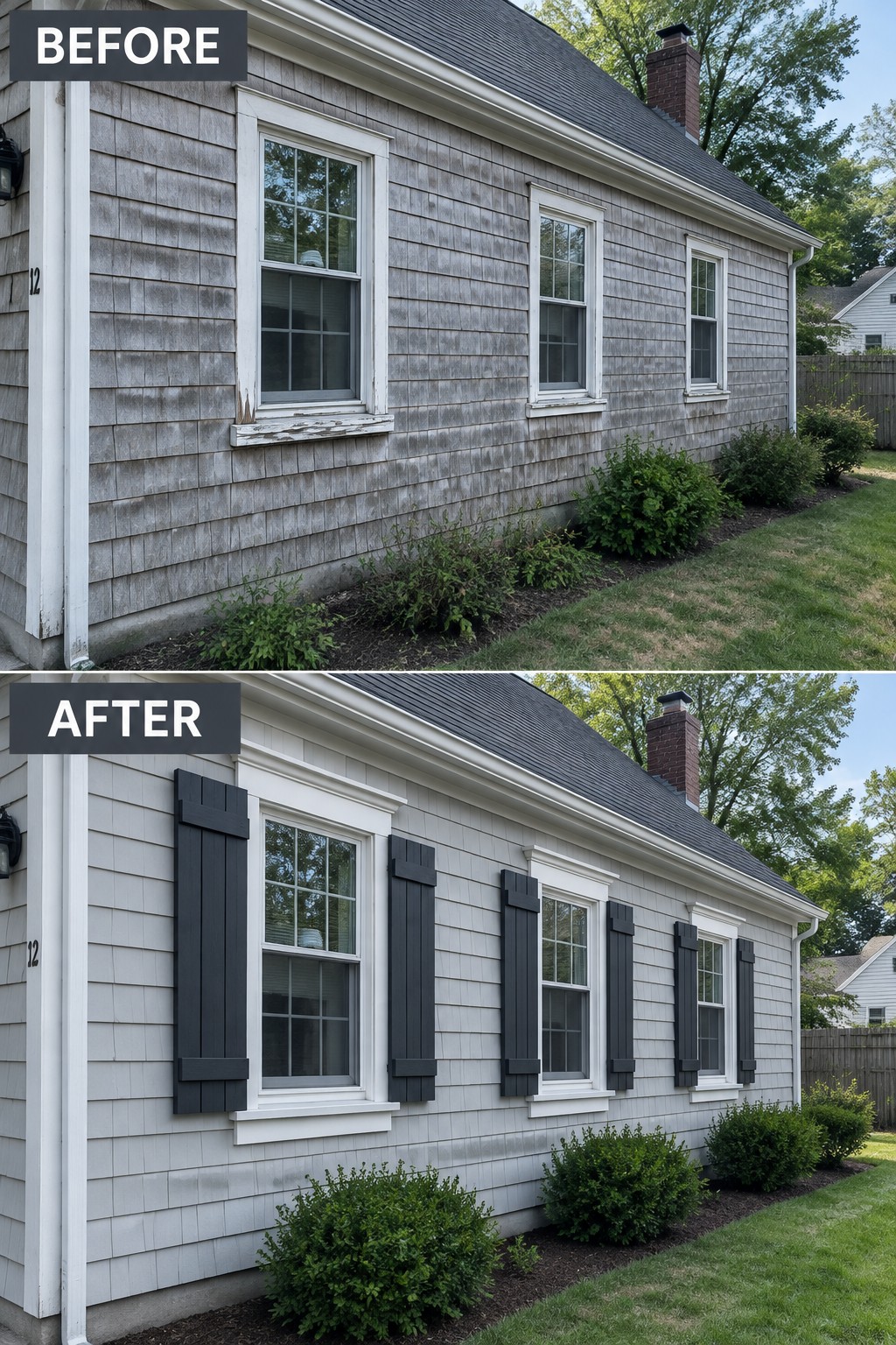 Before-and-after view of gray house with new dark shutters added.