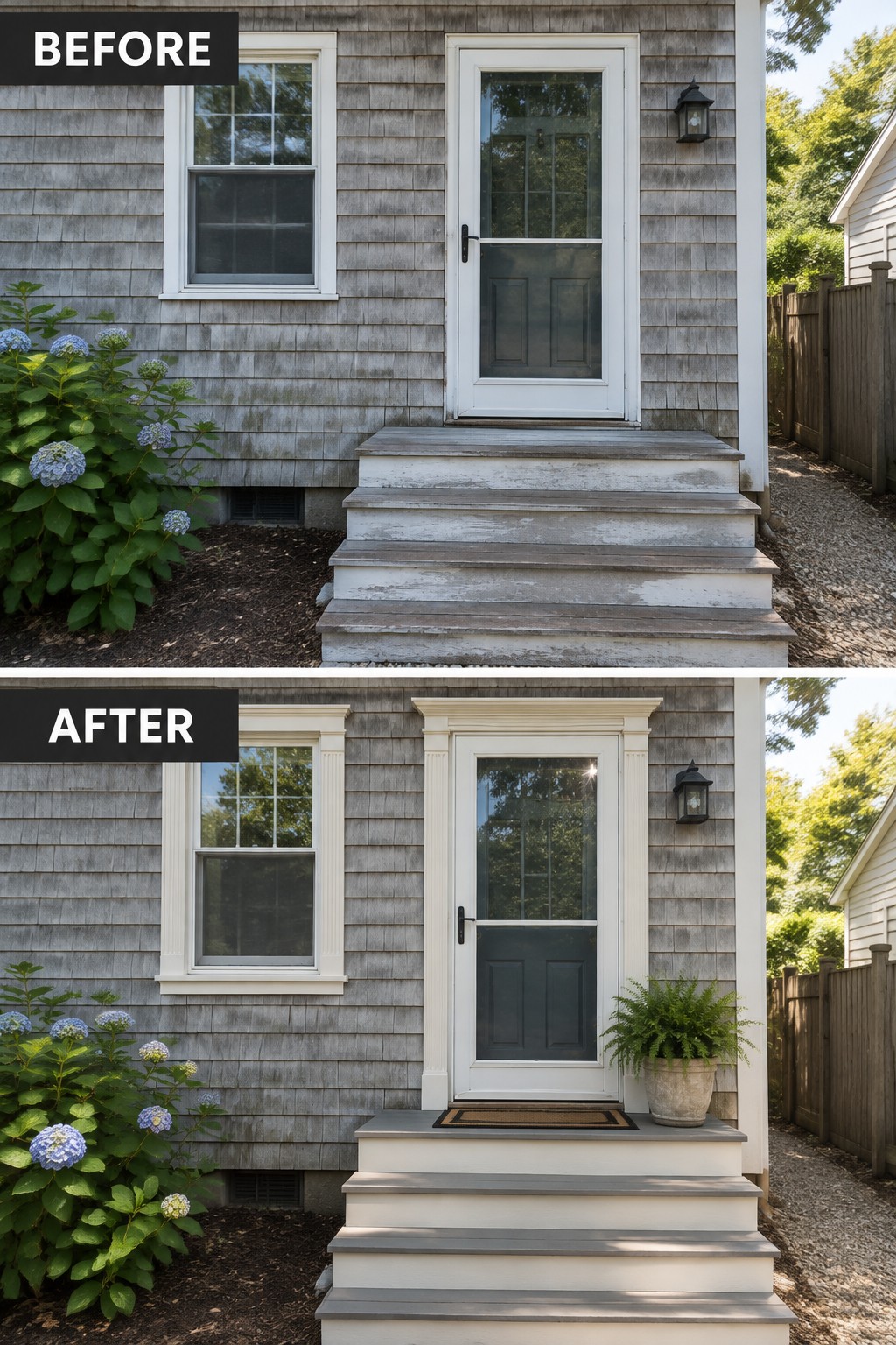 Before and after of gray house with updated white door trim and painted steps
