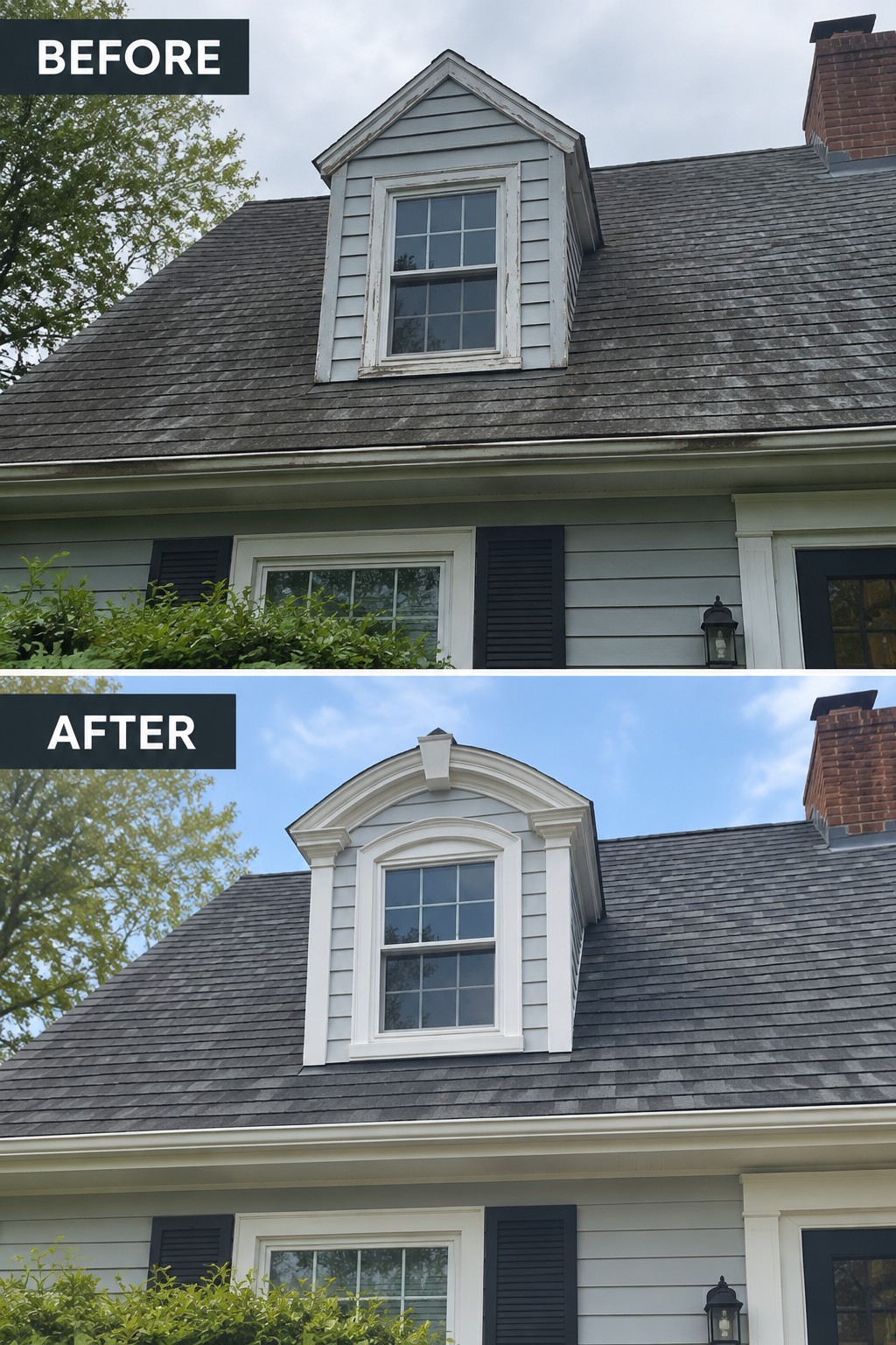 Before and after of a house dormer window with ornate white trim added