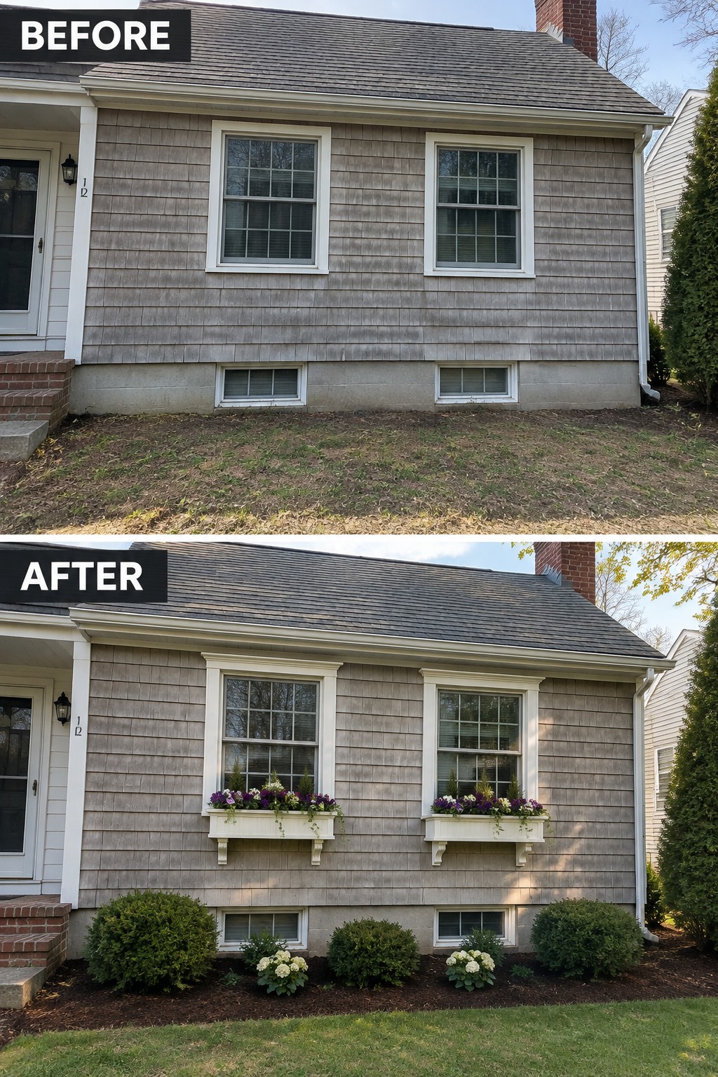 Before and after of gray house with new flower boxes and landscaping added.
