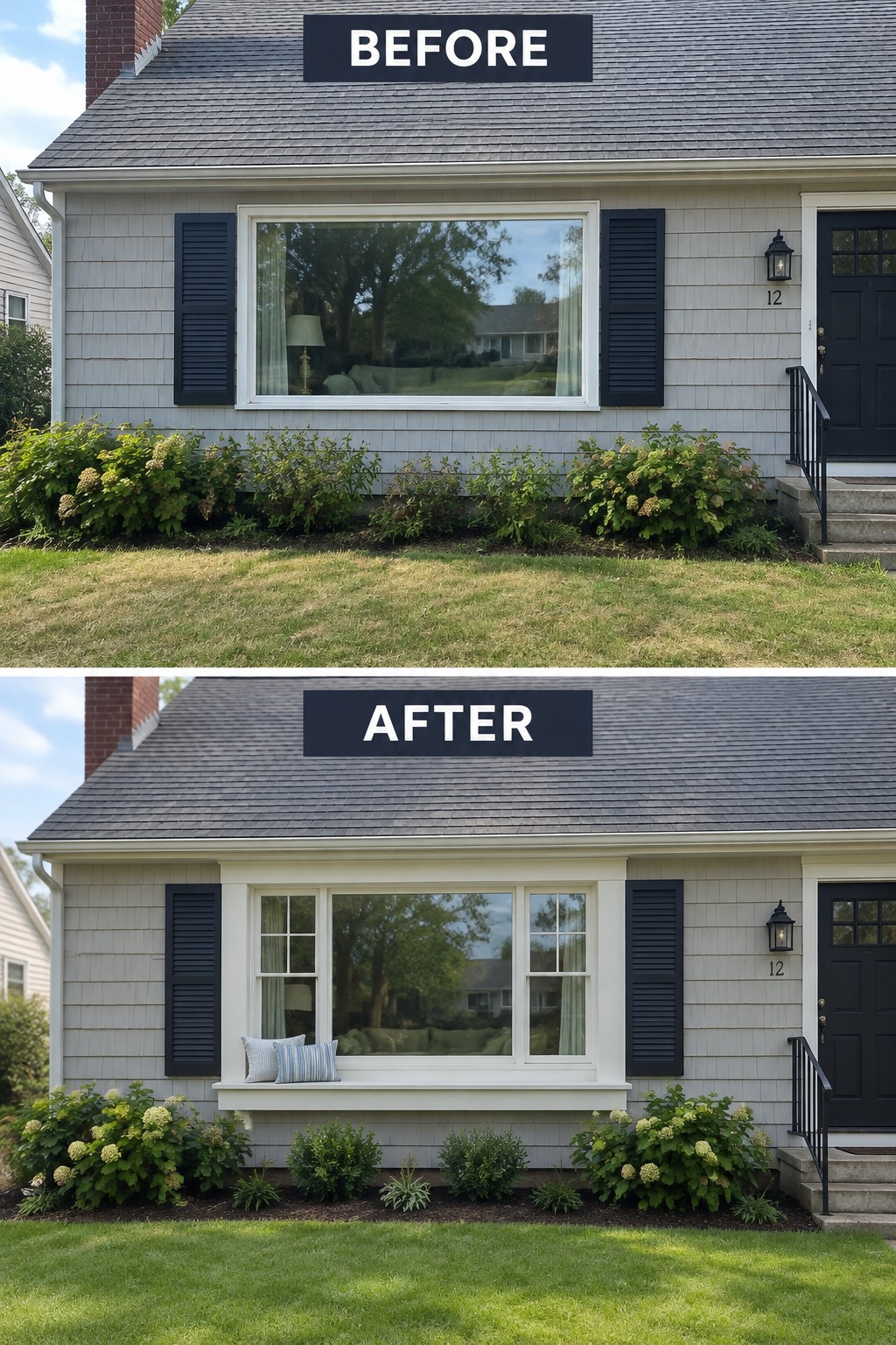 Before and after house exterior with replaced multi-pane window and rearranged shrubs