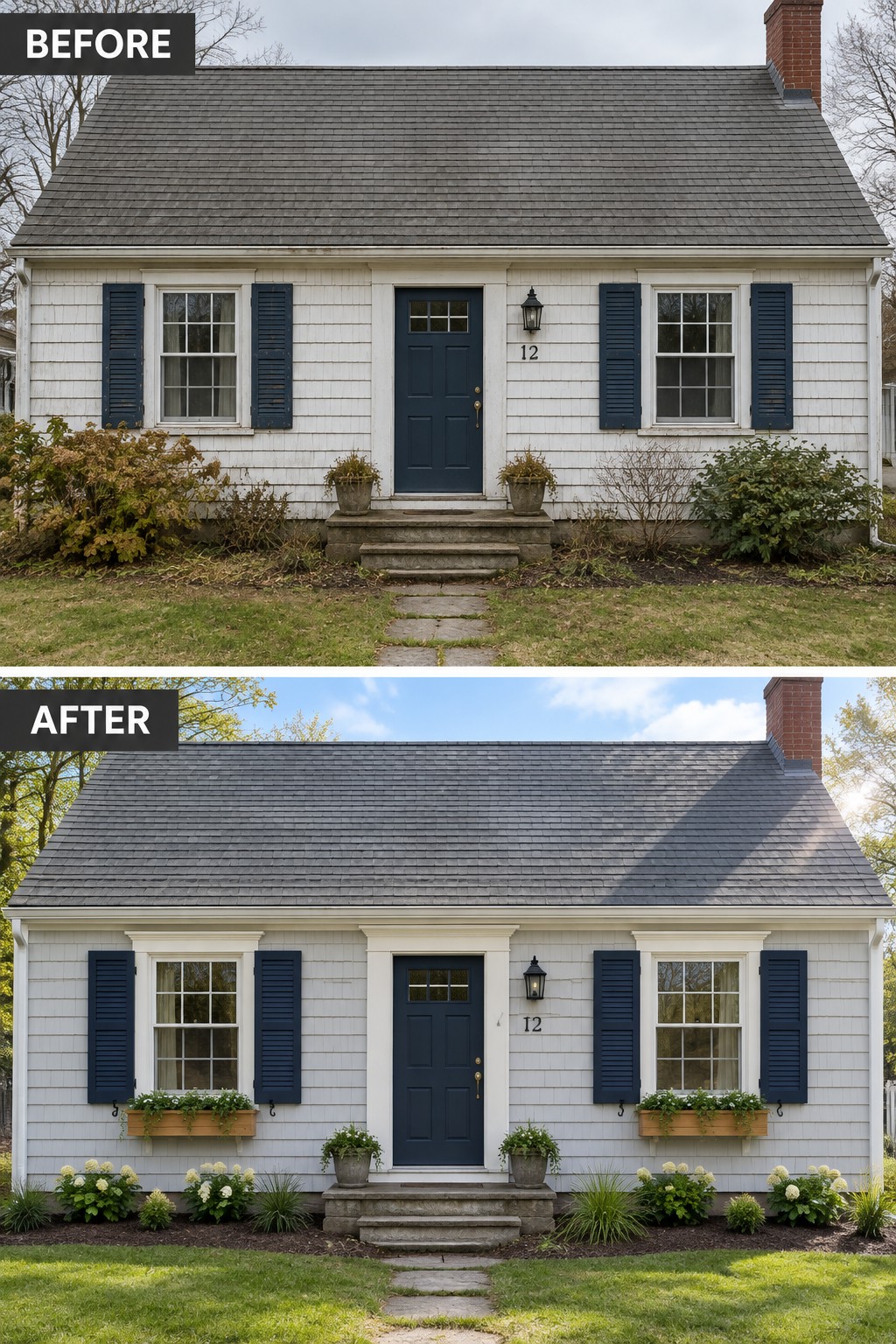 Before-and-after image of a Cape Cod house exterior updated with new white window trim and window boxes.