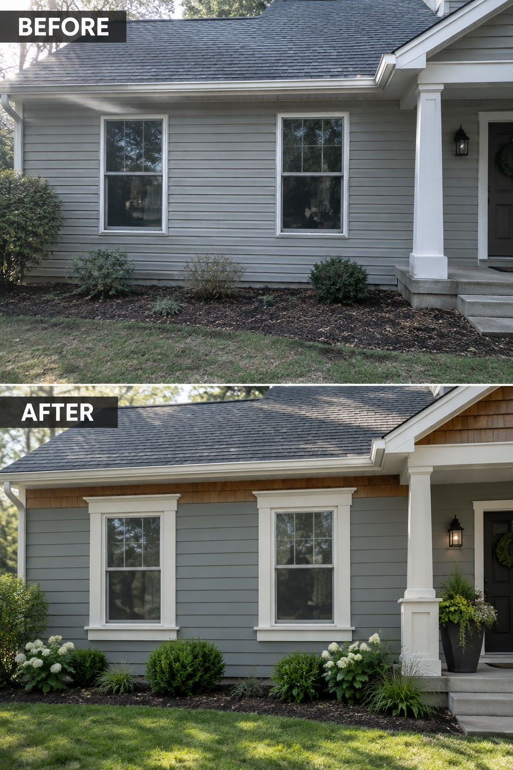 Before-and-after image of a gray house exterior with plain windows updated by adding white trim and refreshed garden beds.