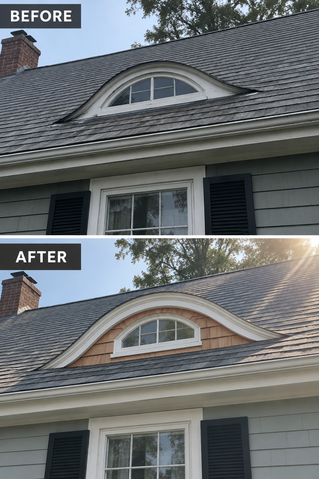 Before-and-after image of a Cape Cod house showing a dormer window updated with cedar shake shingles on the curved face.