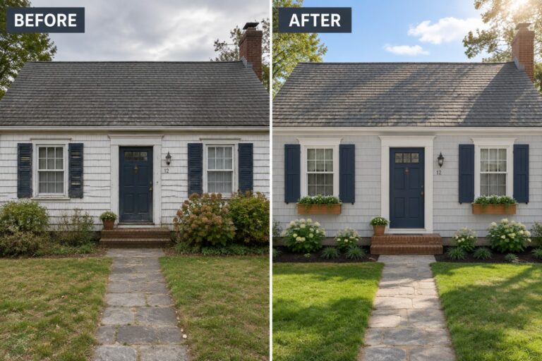 Before-and-after image of a Cape Cod house exterior updated with new white window trim and window boxes.