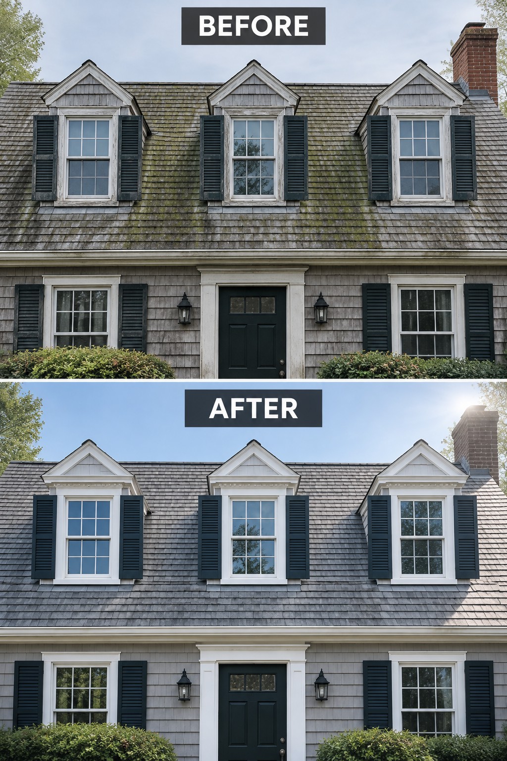 Before-and-after house exterior with repainted gray siding and white trim accents