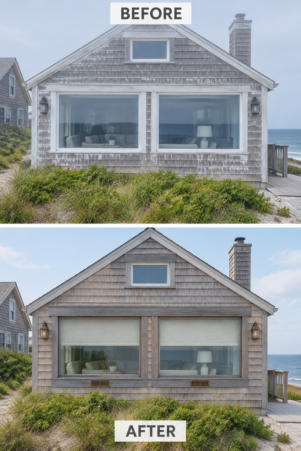 Before-and-after image of a Cape Cod beach house exterior updated with new matching window trim around the front windows.