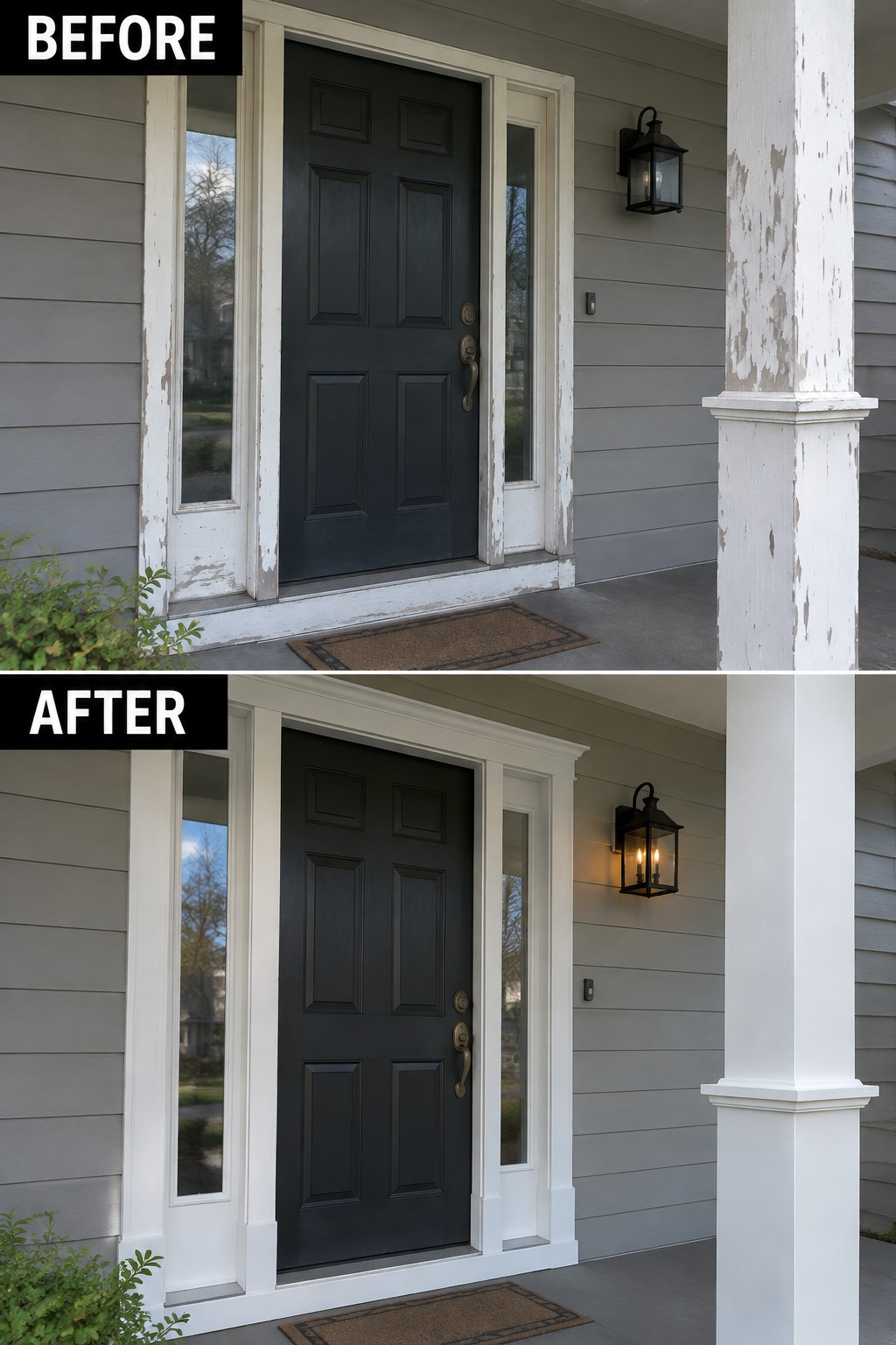 Before-and-after image of a front entry showing worn peeling trim updated with fresh white paint on the door frame, sidelights, and porch column.