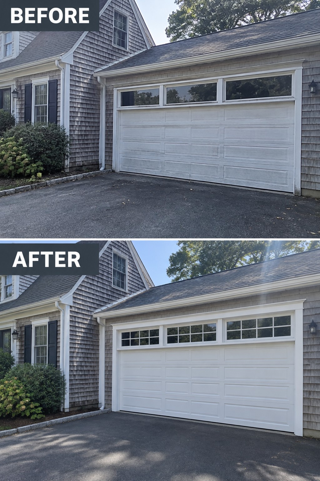 Before and after of faded white garage door replaced with bright new one on gray house.