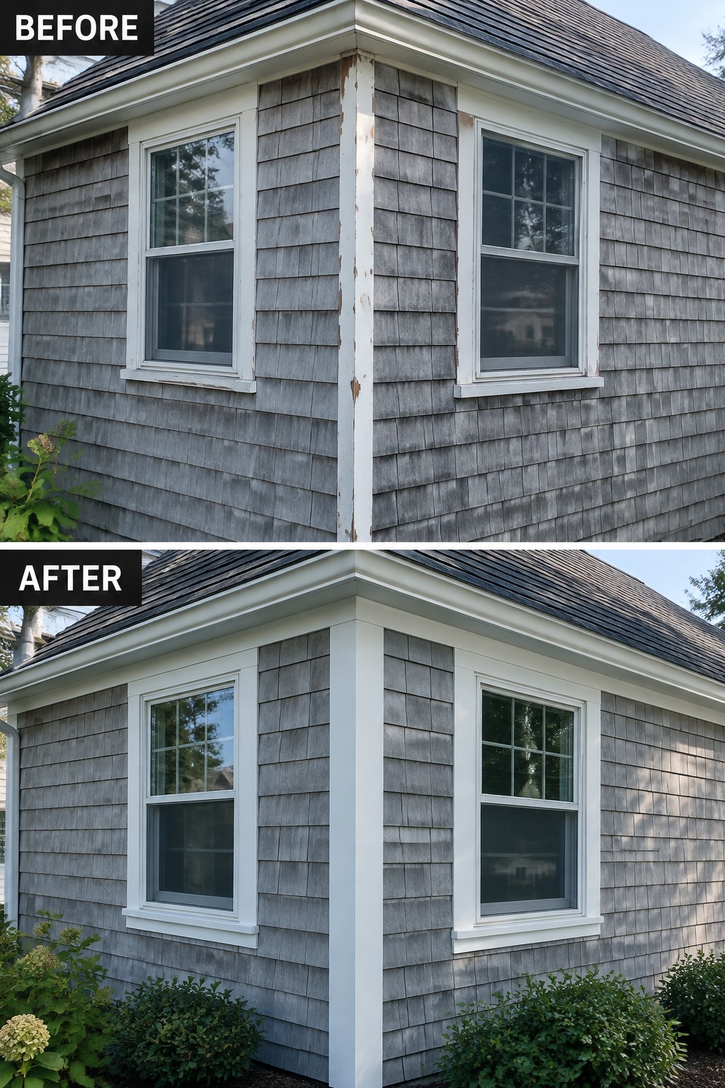 Before and after of gray shingled house corner with freshly painted white trim.