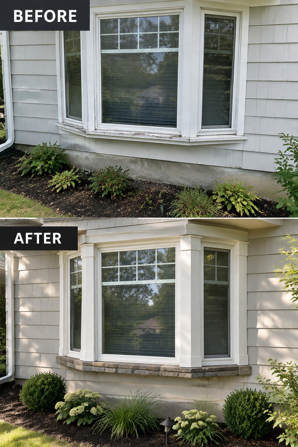 Before-and-after bay window with fresh trim, stone base, and upgraded landscaping.