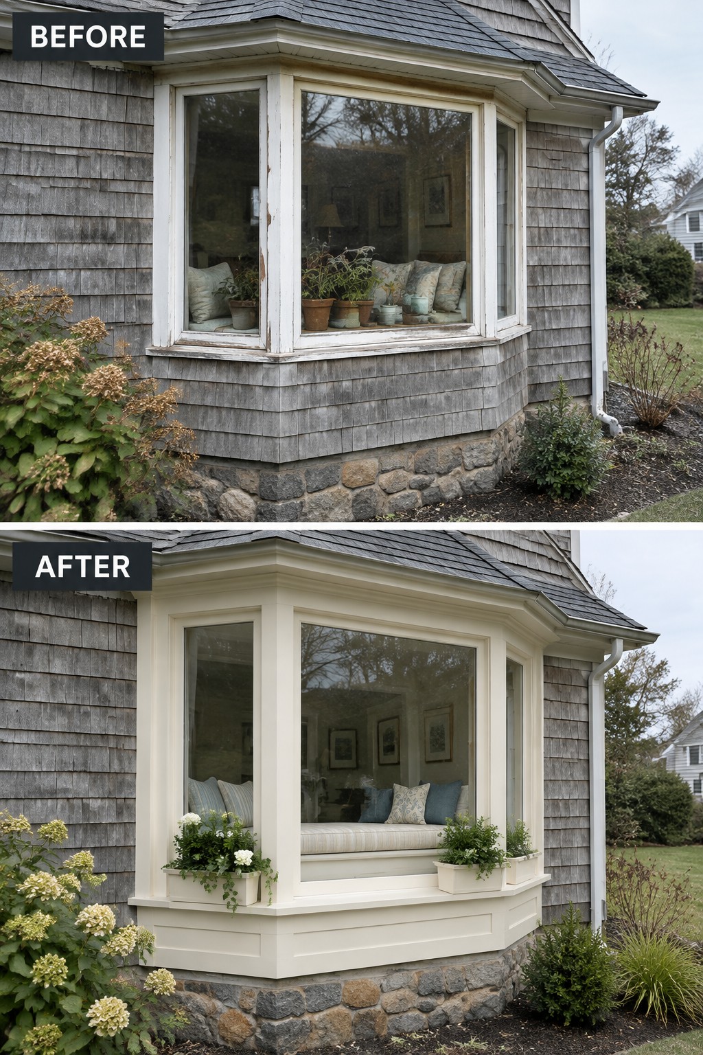 Before-and-after image of a house bay window with peeling white trim updated to fresh cream-colored trim and added window boxes.