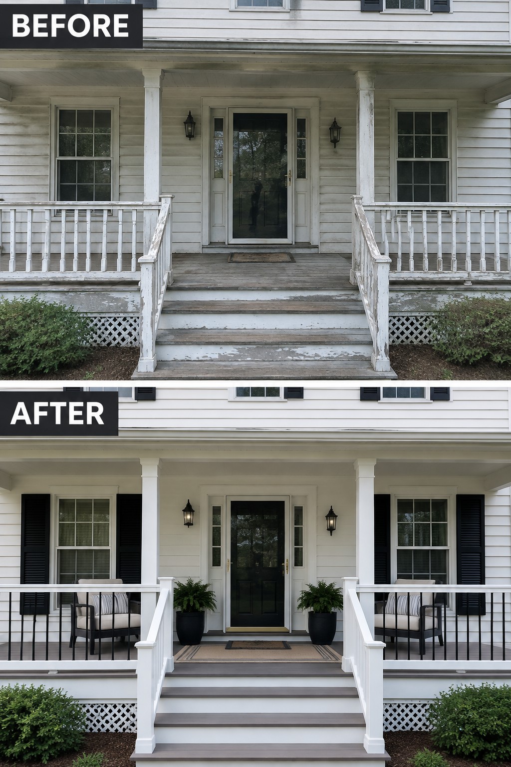 Before-and-after porch renovation with new black door, shutters, railings, and seating.