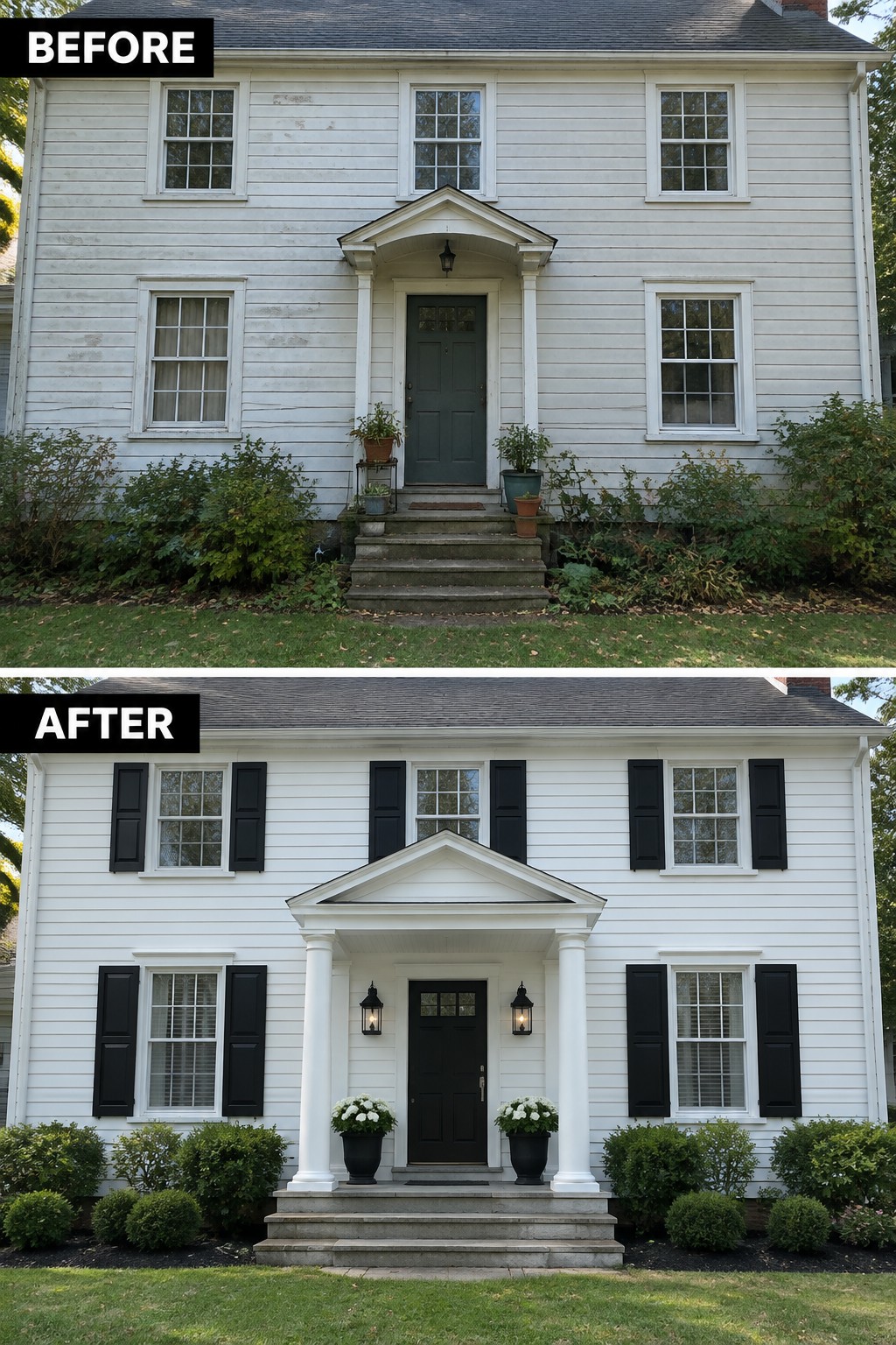 Before-and-after image of a white Colonial house exterior updated with black shutters on all windows, a darker front door, new lanterns, and refreshed entry planters.