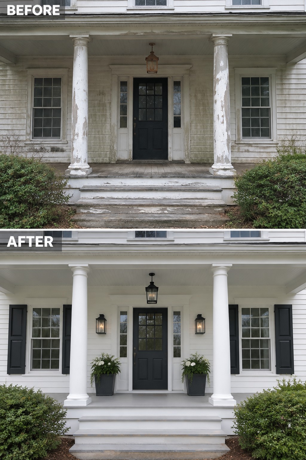 Before and after of white house porch with fresh paint, black door, and plants