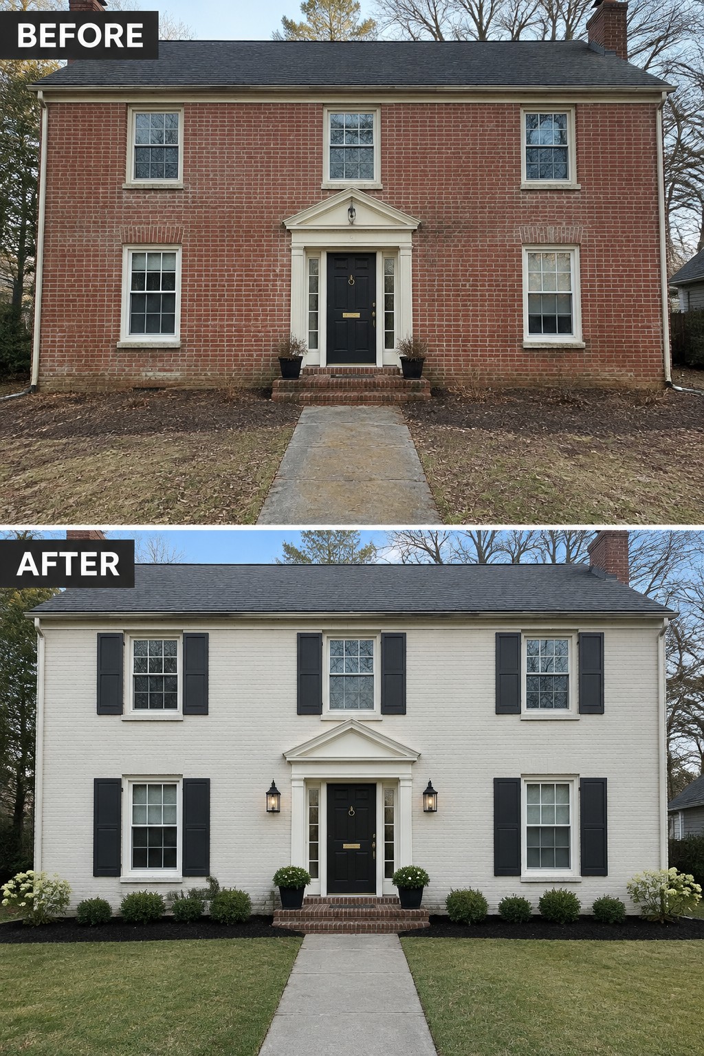 Before-and-after image of a red brick colonial house painted white with dark shutters added to the windows.