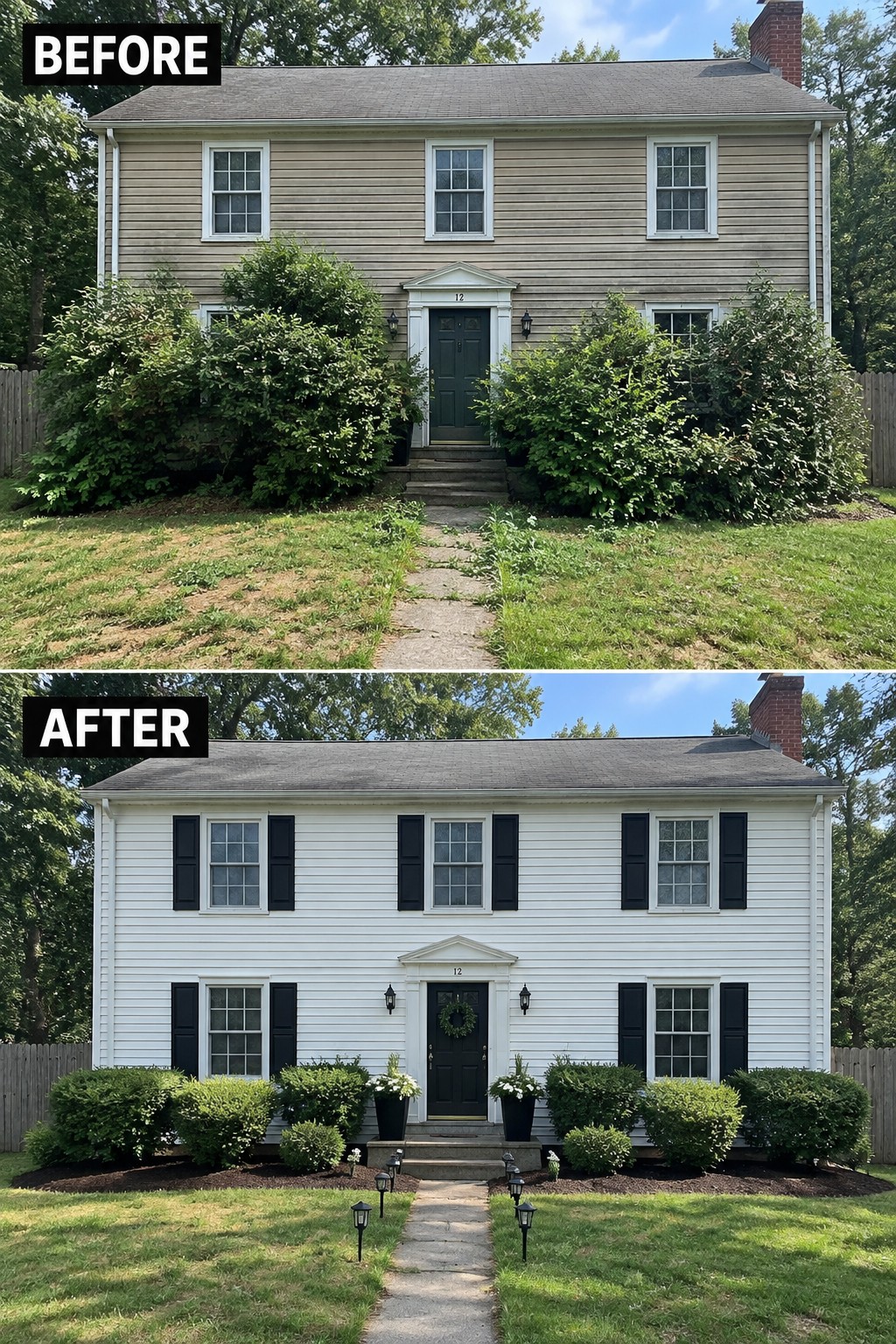 Before-and-after house exterior: beige to white siding, black shutters, trimmed bushes, and new lighting.