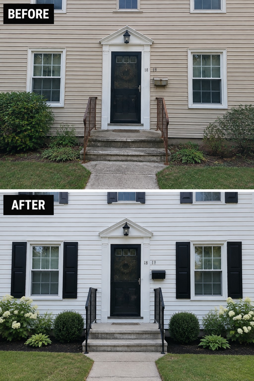 Before-and-after house exterior with beige-to-white siding, black shutters, and landscaping.