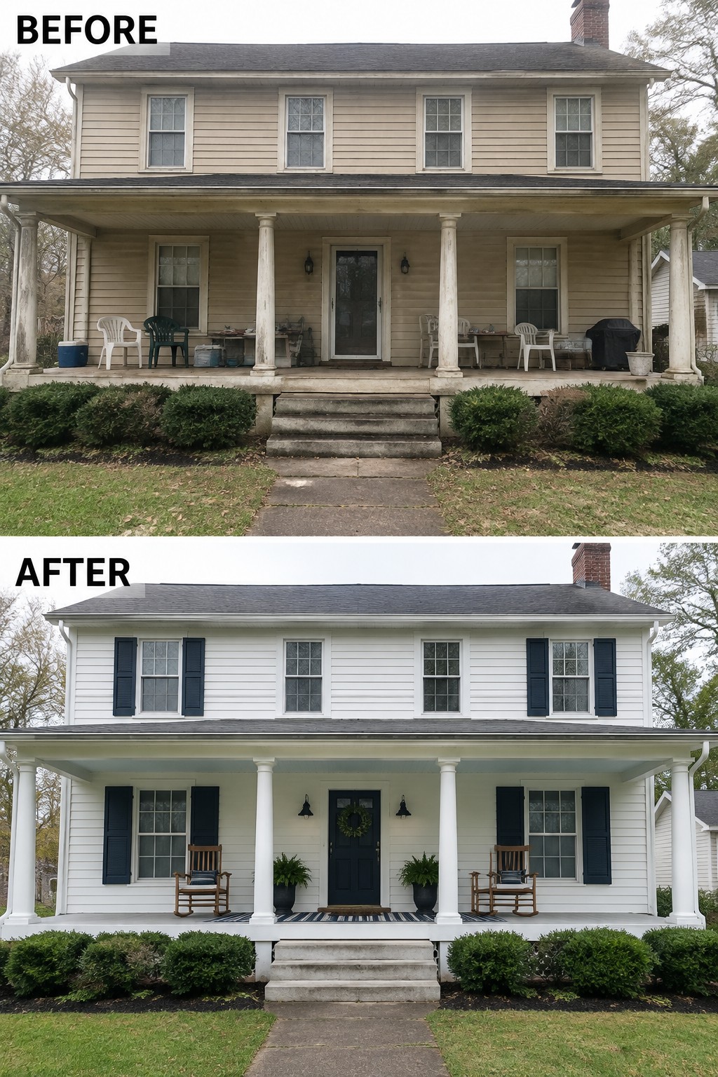 Before and after of beige house repainted white with blue shutters and tidy porch.