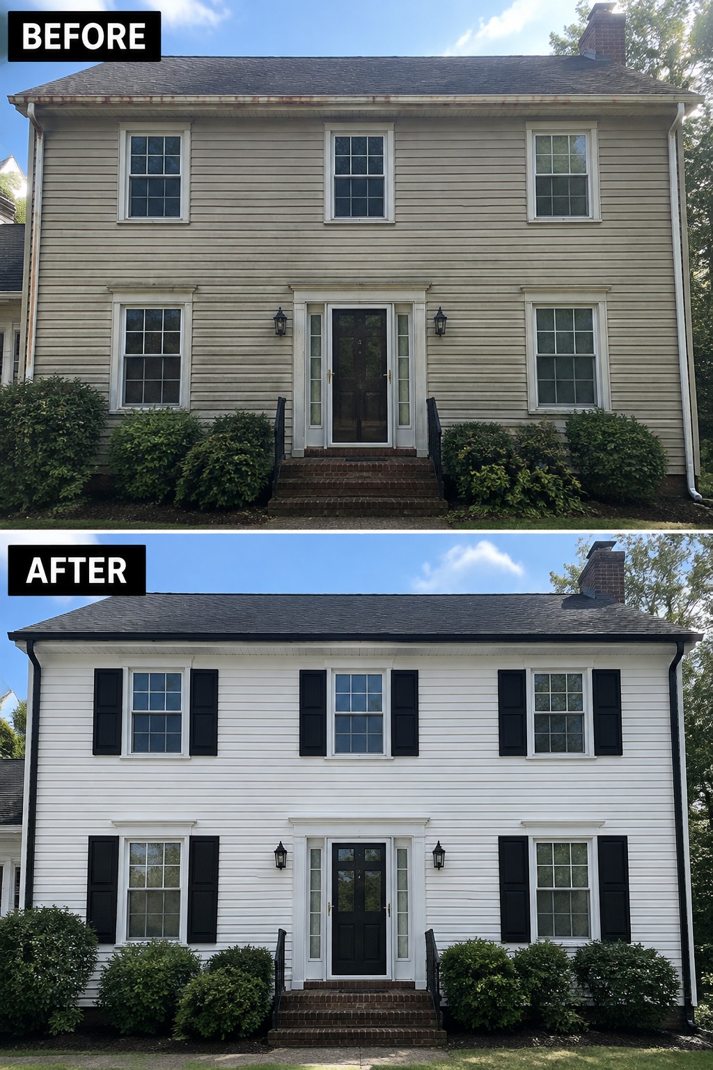 Before-and-after view of beige house repainted white with black shutters added.