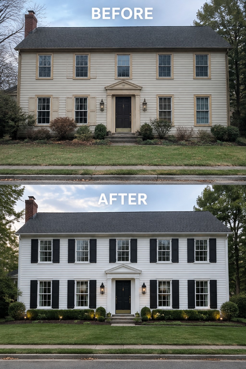Before-and-after house exterior: beige siding to white paint with black shutters added.
