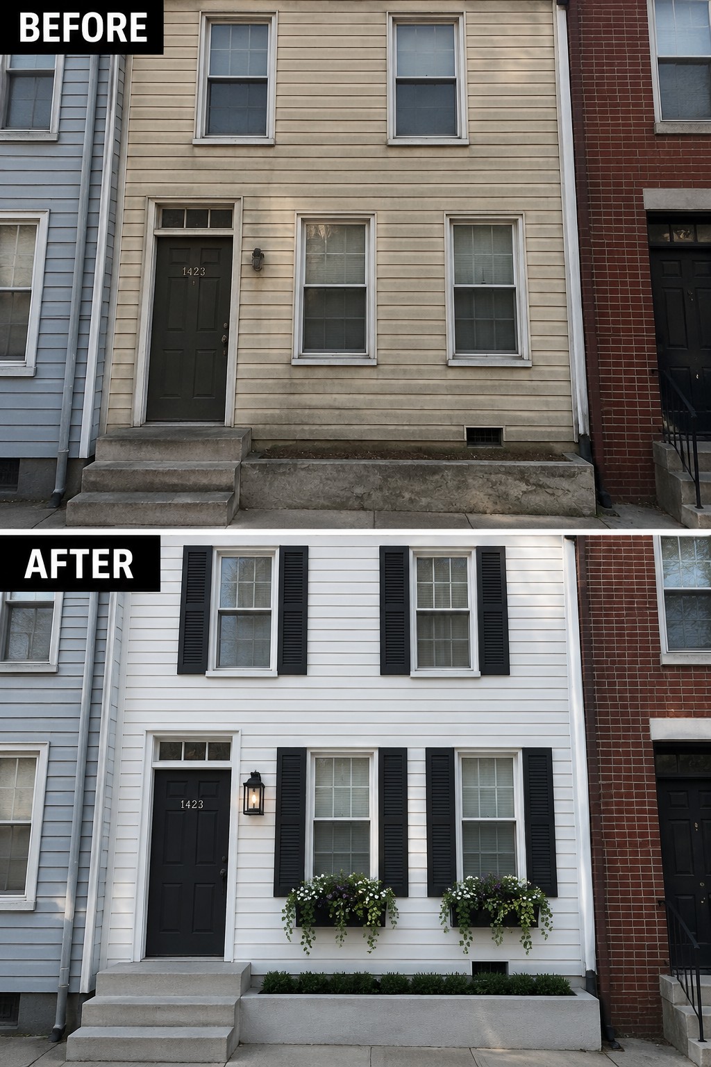 Before-and-after image of a row house exterior changed from beige siding to white paint with black shutters and added window boxes.
